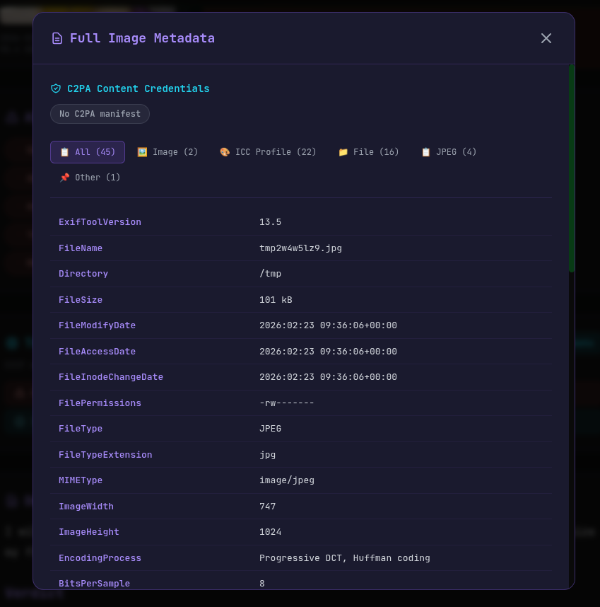 Full image metadata modal showing categorized EXIF data, C2PA content credentials, and technical forensic information